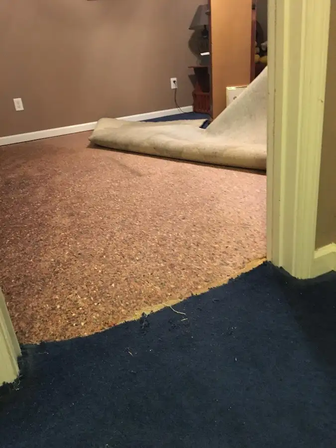 Carpet pad removal revealing water damage during Water Mitigation Services in Montgomery
